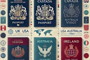 DALL·E 2024-10-29 17.35.08 – An infographic showcasing passports and visas for the UK, USA, Canada, Australia, Ireland, and Europe, arranged neatly in a professional, visually org